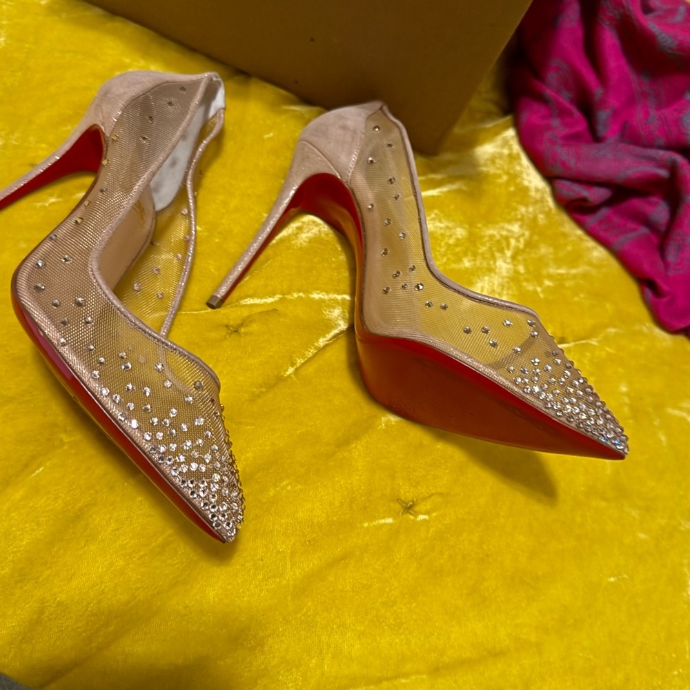 Christian Louboutin Beige and Red Rhinestone Heels